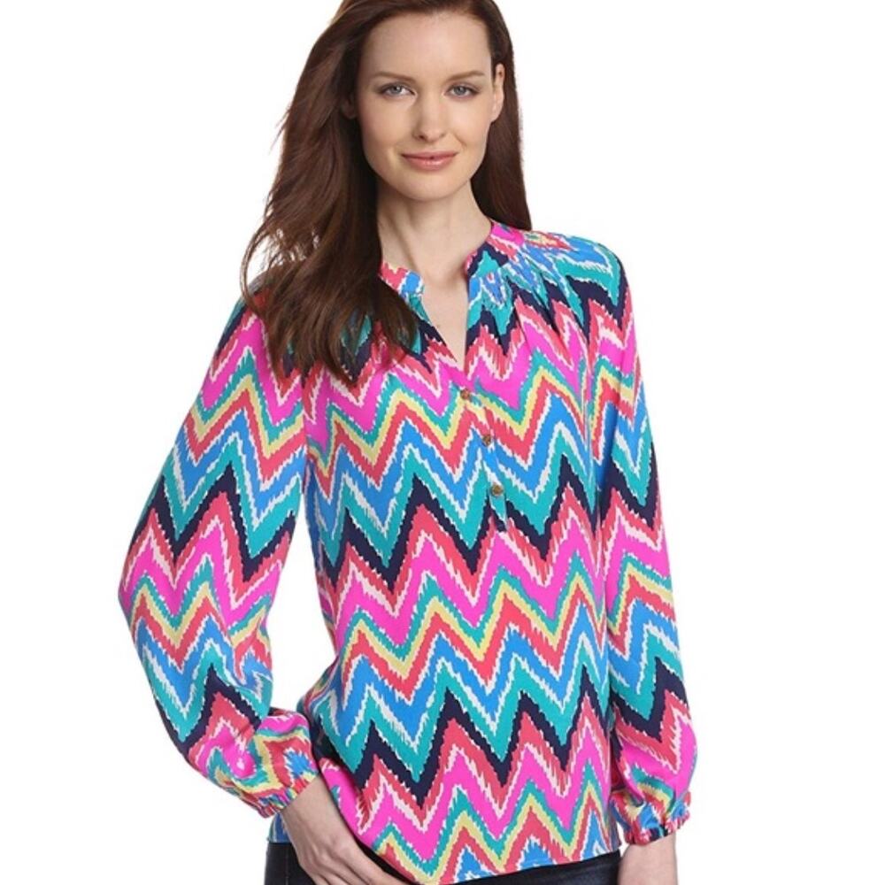 Lilly Pulitzer Womens L Multi Elsa 100% Silk Chevron Long Sleeve Tunic Shirt
